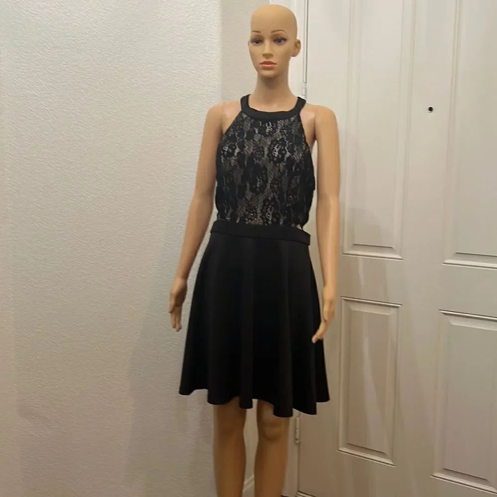 Xtraordinary Black Dress Sz 13 Halter Lace Mini  Cutout Fit & Flare Skater Skirt